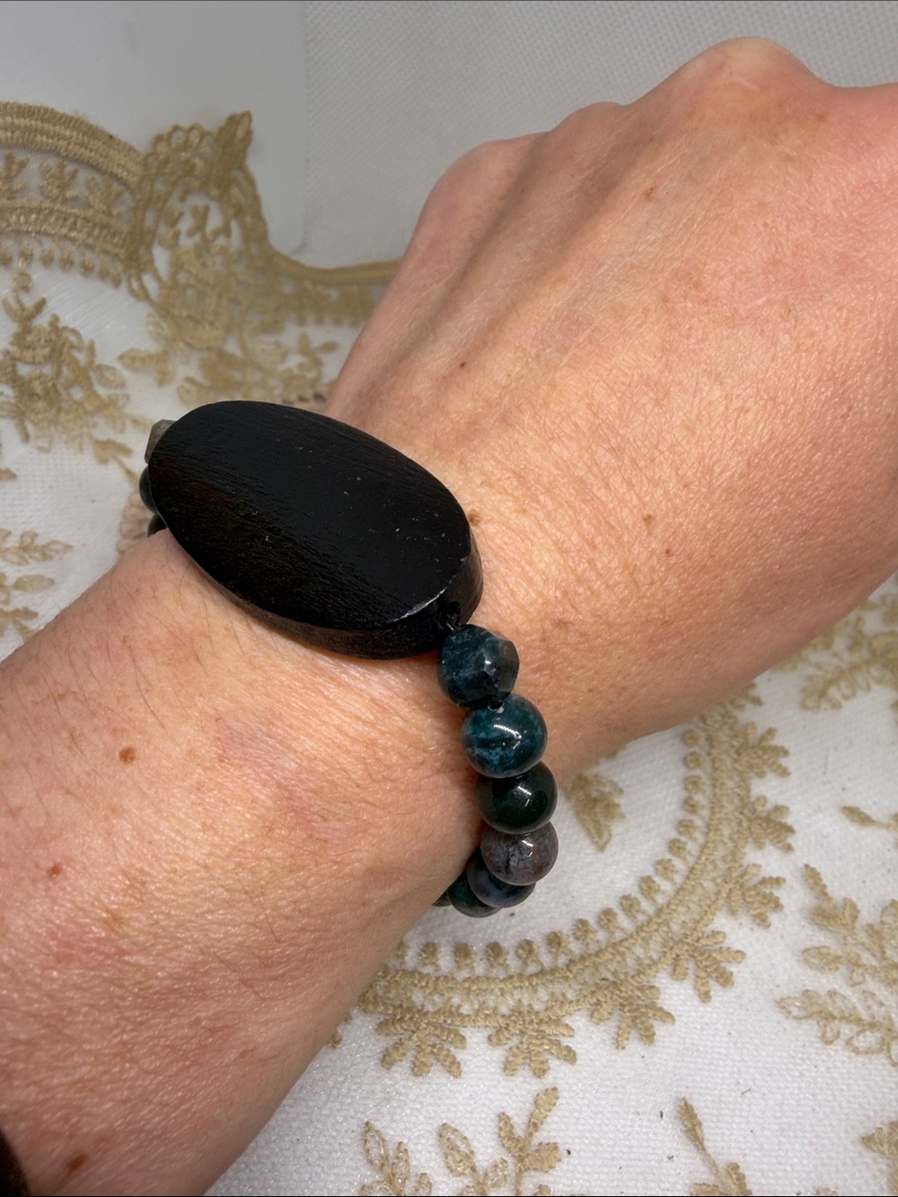 Natural Flower Agate Vintage Wood Bead OOAK Stretch Bracelet Organic Jewelry